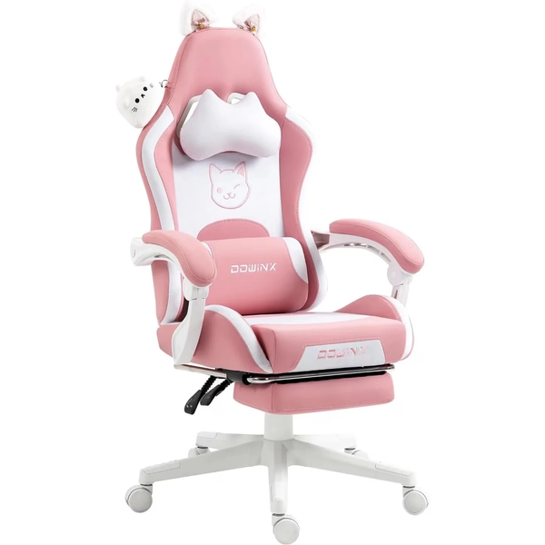 DOWINX Scaun gaming, ergonomic, suport lombar cu masaj, rabatabil 90°-140°, Suport picioare, material respirabil, Roz