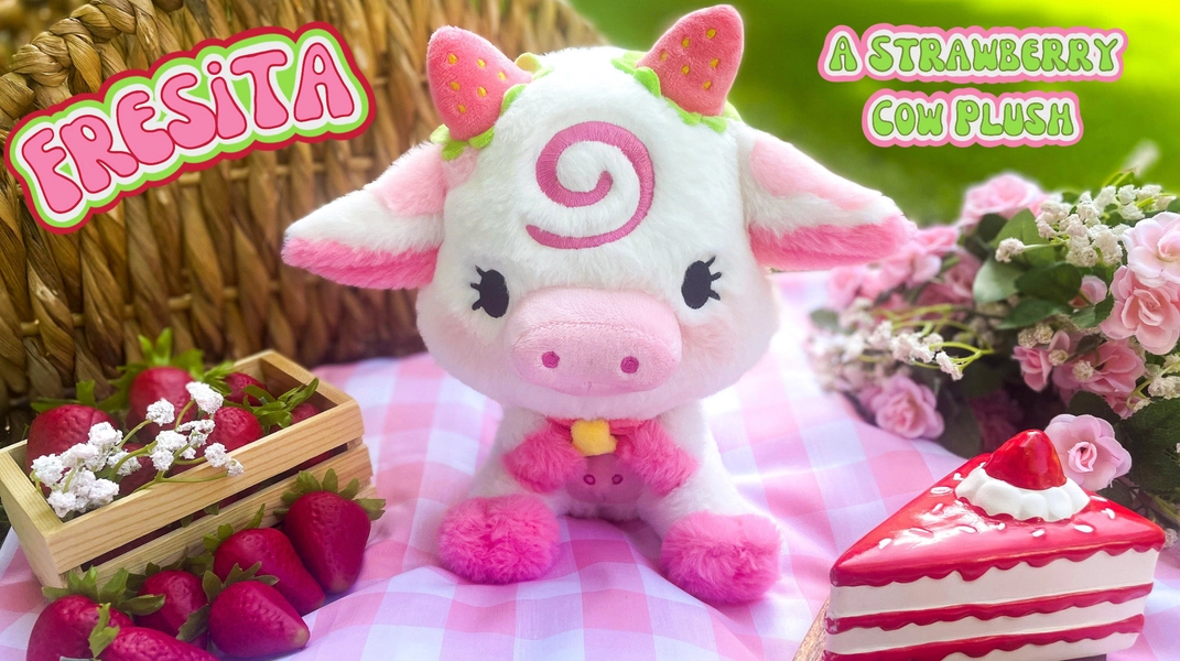 Fresita the Strawberry Cow Plush, Cute Plushie, Gift for Her, Gift for Kids, Stuffed Animal, Kawaii Plushie, Kids Toy, Pink, Coquette