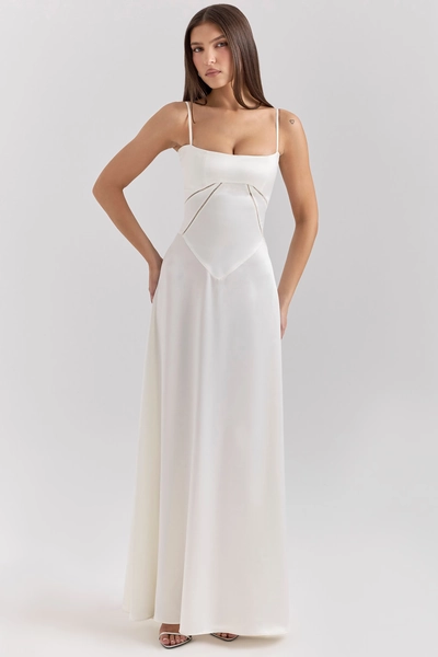 Anabella Ivory Satin Lace Up Maxi Dress