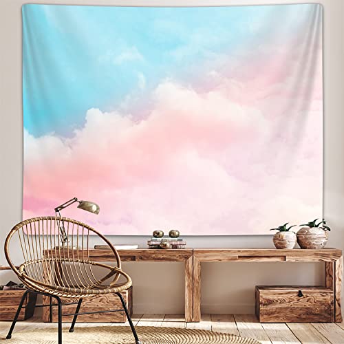 Pink and Blue Tapestry for Teen Girls Bedroom Aesthetic, Light Pink Clouds Sky Rainbow Pastel Ceiling Tapestries Wall Hanging for College Dorm Living Room Cute Girly Decor 60X40" Poster Blanket - Pink - 60.00" x 40.00"