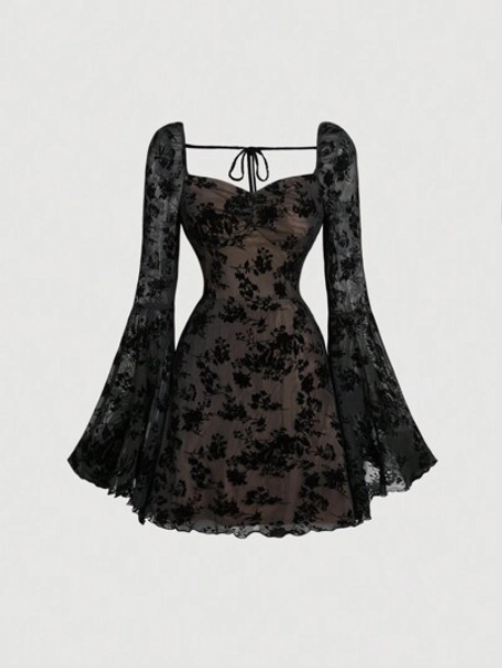 SHEIN MOD Heart Neck Solid Color Ruched Bust Bell Sleeve Flocked Jacquard Maxi Jumpsuit Dress,Fairy Core Dinner Outfit,Wedding Women Dresses,Elegant Prom Dress,Long Sleeve Women Flowy Dress