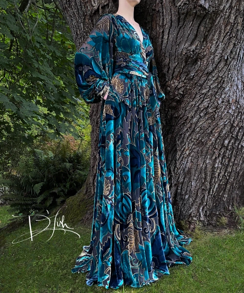 Teal Silk Velvet Burnout "Beverly" Dressing Gown w/ Crystal Buttons PRE-ORDER FOR NOVEMBER DELIVERY