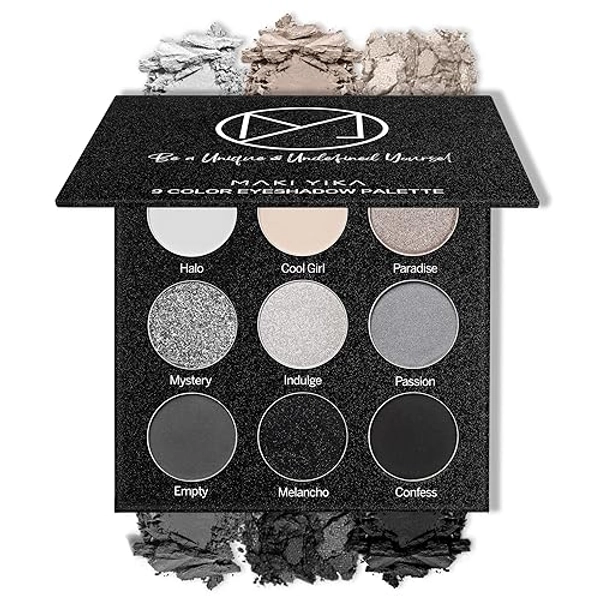MAKI YIKA Grey Smoky Eyeshadow Palette, Matte Grey Silver Pigmented Smokey Eye Shadow, 9 Colors Nude White Shimmer Powder Makeup Palette For Goth Skull Clown Look（Black）