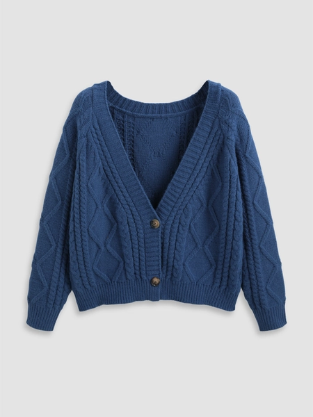 Fall Sweater Knit Fabric V-neck Cable Knit Button Cardigan Curve & Plus For School Daily Casual Picnic