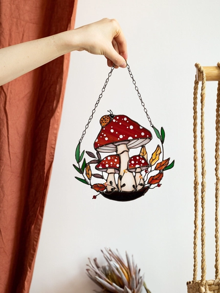 Stained glass Suncatcher Fly Agaric. Home House Amanita. Fly mushroom Wall Window Hanging Art Decor Decoration. Cottagecore gift