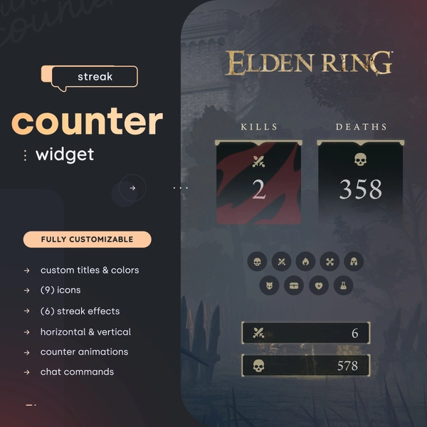 Elden Ring Counter Widget — (6) Streak Effect Animations & (9) Icons // Kill Death Counter for Twitch Streamers | Streamelements OBS