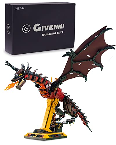 Givenni Fire Dragon Building Set with Display Stand - Smaug 1359 PCS Construction Building Bricks Model for Teen and Adults（New 2023） - Red