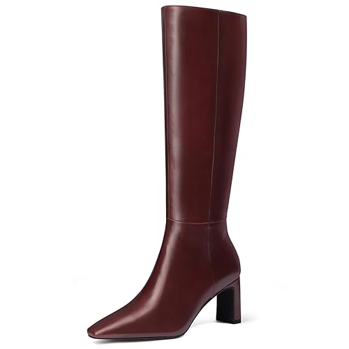 MUCCCUTE Knee High Boots for Women Tall Boots Chunky Heel Square Toe with Side Zipper Pull On Fall Long Boots - 9 - Burgundy-pu