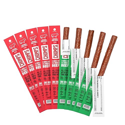 CHOMPS Grass Fed Beef Jerky Sticks, Beef Variety Pack, 10 Sticks: (5) Original Beef, (5) Jalapeno Beef… - Variety - 1.5 Ounce (Pack of 10)