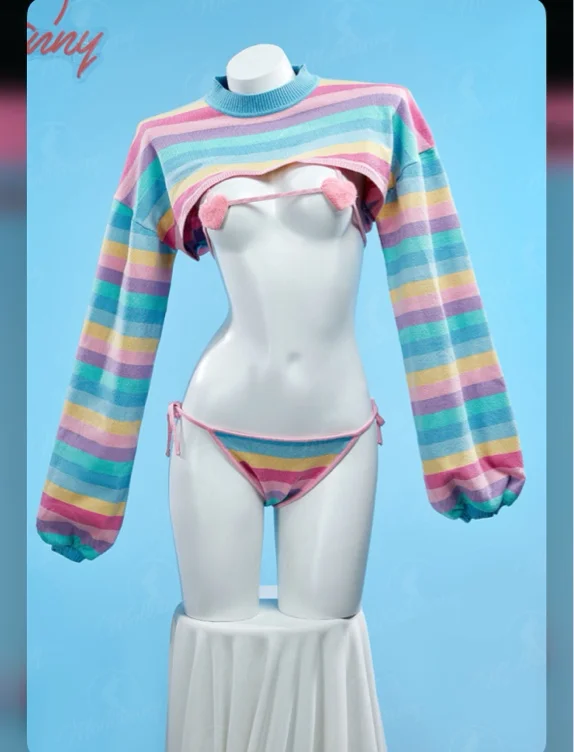Knitted Sexy Lingerie Set Kawaii Rainbow Stripe Crop Top with Bikini Bra Thong Set