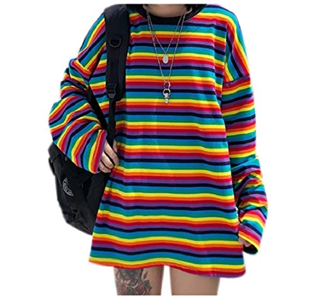 Women Girls Rainbow Striped T Shirt Oversized Long Sleeve Pullover Sweatshirt Tops for Causal Street Wear Festivals