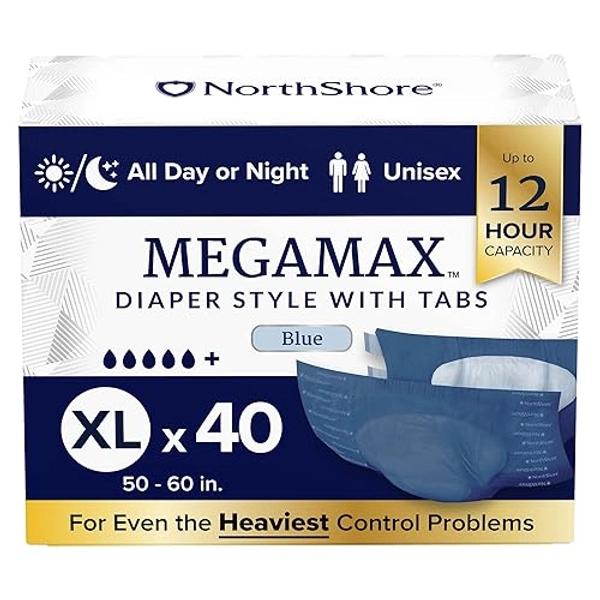 NorthShore MegaMax Adult Overnight Diapers, 12-Hour Tab-Style, X-Large, 40 Count Case, Blue, 50-60 inches, Unisex Incontinence Underwear