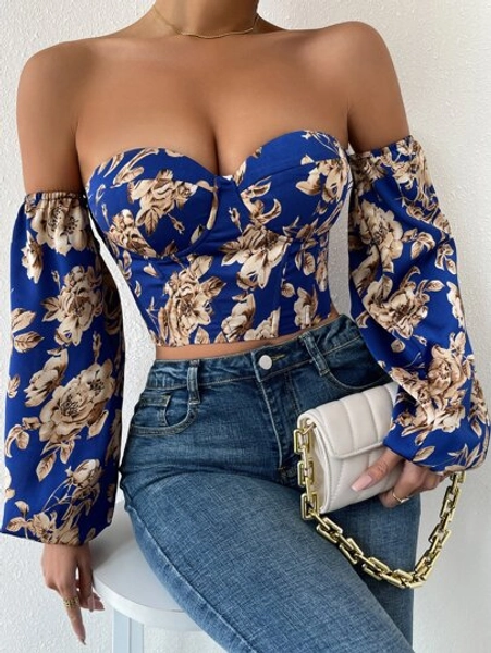 Chiquease Off Shoulder Floral Print Lantern Sleeve Crop Top Fall Cloth For Women