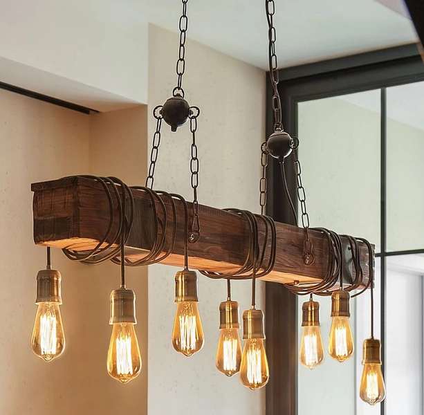 H.W.S Taklampa Trä Industriell Svart HäNgande Lampa Vintage HäNgande Lampa Ljuskrona Retro Metall HöJdjusterbar FöR E27-Lampor FöR Vardagsrum Matbord KöK (8 light)