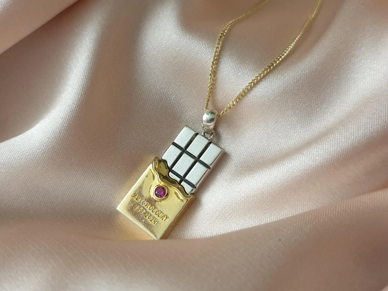 ONE Available! 18k Gold and Sterling Silver Chocolate bar pendant - Sweet jewelry- Gift for her - Birthstone pendant- Chocolate bar necklace