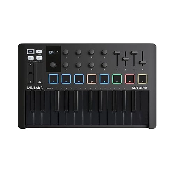 Arturia MiniLab 3, 25 Slim-Key USB-C Midi Controller with 5-Year Warranty, 8 Backlit LED Pads, 8 Knobs, 4 Faders, Midi Out, Built-in Arpeggiator, Chord mode and Software Bundle - Deep Black