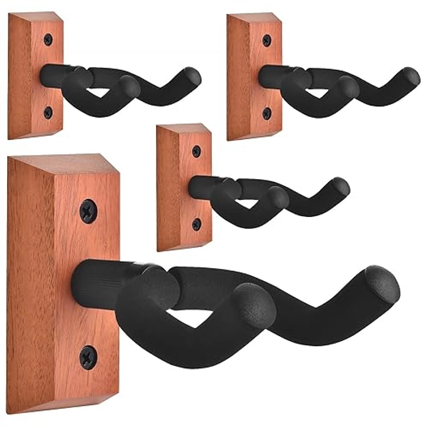 DOMMI Guitar Wall Mount 4 Pack, Guitar Hanger with Rotatable Soft Hook for All Size Guitars, Hardwood U-Shaped Guitar Holder Wall Mount for Acoustic, Electric Guitar, Bass (Mahogany) - Mahogany