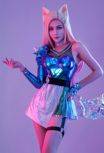 LOL LOL Girls New Skin Ahri K/DA ALL OUT Idol Gradient Mixed Royal Blue Color Shiny Symphony Laser Reflective Splicing Leather Cosplay Costume Outfit with Belt and Neck Accessory