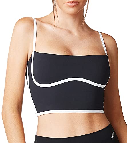 Move With You Sleeveless Spaghetti Strap Padded Sports Bra Tank Tops Square Neck Double Layer Workout Fitness Basic Crop Tops - Black - Medium