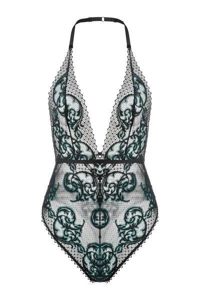 Clio Sheer Floral Lace Teddy Bodysuit Emerald Green