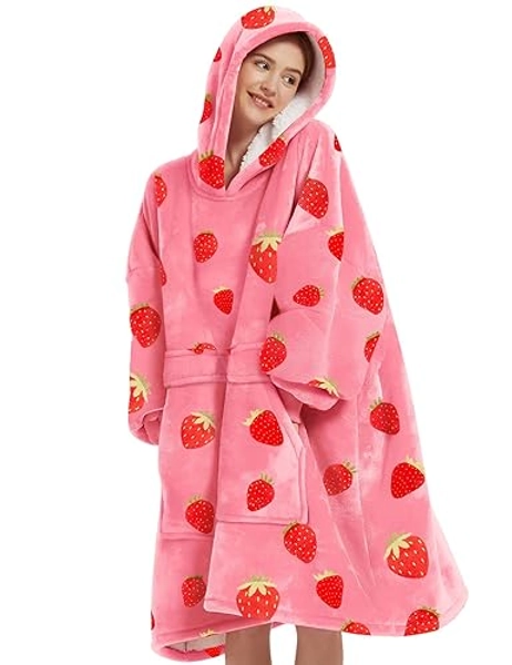 KFUBUO Wearable Blanket Hoodie for Adults Sherpa All Patterns Oversized Sweatshirt Blanket with Pockets Cute Birthday Gifts for Sister Strawberry