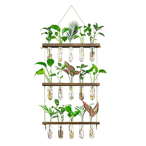 Monsiter QE 3 Tier Large Propagation Stations Wall Hanging Plant Terrarium with Wooden Stand, Retro Propagation Test Tube for Hydroponic Plants Cutting Flower, Propagator Home Office Patio Decor Gifts