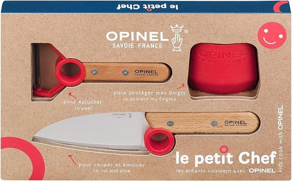 OPINEL - Set de Cocina para Niños Le Petit Chef - Cuchillo, Pelador y Protector de Dedos - A Partir de 7 Años - Garantía de Por Vida - Fabricación Francesa - Rojo