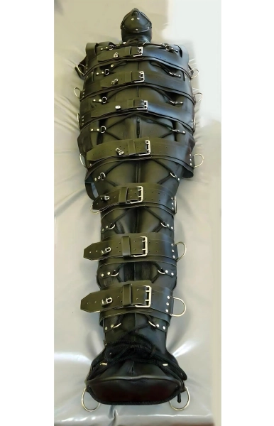 Real Cow Leather Serious Body Bag With Hood Sleep Sack Heavy Duty Belts