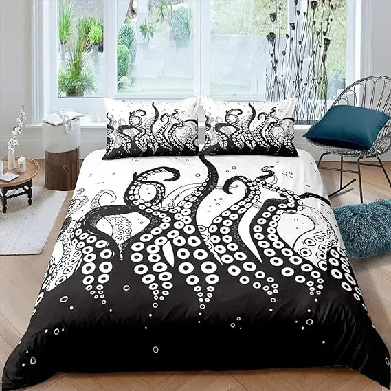 Erosebridal Octopus Duvet Cover Queen Size Tentacles Bedding Set Sea Animal Underwater World Quilt Cover Halloween Gothic Comforter Cover, Black White Decorative 3 Pcs with Zipper Closure - Multi 50 - Queen