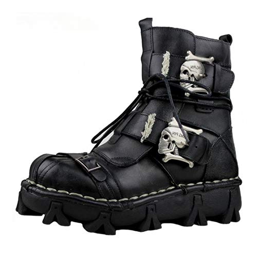 Mens Black Genuine Leather Military Army Boots Gothic Skull Punk Motorcycle Boots - 7 Wide - Black