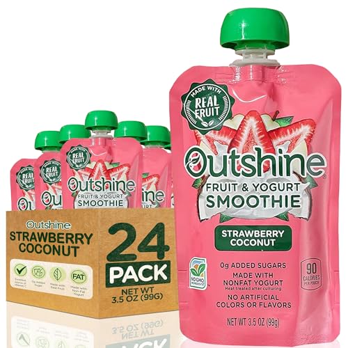 Outshine Strawberry Coconut Yogurt Smoothie Pouches - Fruit Pouches, Ready-to-Drink Smoothies, Kids & Adults Pureed Foods - Fruit Pouches for Kids & Adults, Smoothie Drink - (24 Count) - Strawberry Coconut