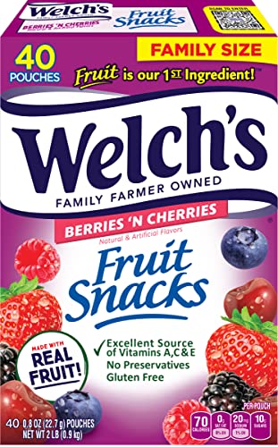 Welch's Fruit Snacks, Berries 'n Cherries, Perfect Stocking Stuffer for Kids, Gluten Free, Bulk Pack, 0.8 Ounce - 40 Count (Pack of 1) - Berries 'N Cherries - 0.8 Ounce (Pack of 40)
