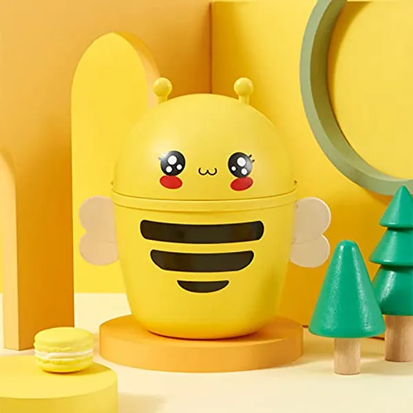 Mini Desktop Bin with Lid, Little Bee Desktop Trash Can,Small Plastic Waste Bin Office Countertop Wastebasket for Disposal of Cotton Pads, Makeup Sponges and Tissues - 2L (Yellow)