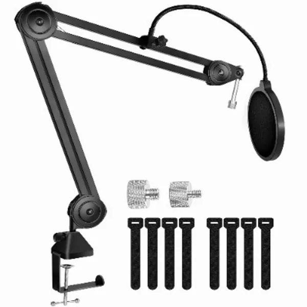 eWonLife Mic Boom Arm, Microphone Arm Stand with 5/8 Inch Thread, Heavy Duty Desk Mic Arm for Blue Yeti, Shure SM7B, Fifine K669B, Include Clamp, Filter, 5/8" to 3/8", to 1/4" Adapter, 8 x Cable Ties
