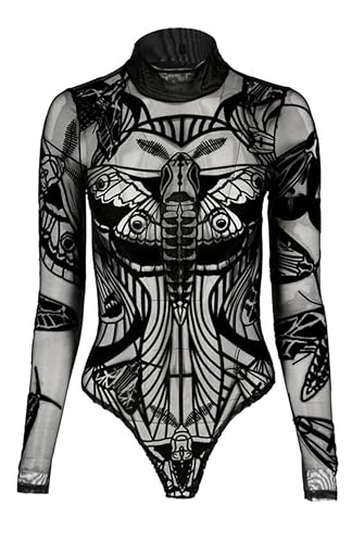 Restyle Clothing Moths Contour - Body da donna in stile gotico Occulto Witchy, a maniche lunghe, colore: nero - XXL