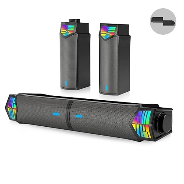 Smalody Haut-Parleur PC, détachable 2 en 1, Haut-parleurs stéréo Bluetooth, Conception LED RVB Dynamique et Cool, Compatible avec Ordinateur de Bureau et Smartphone