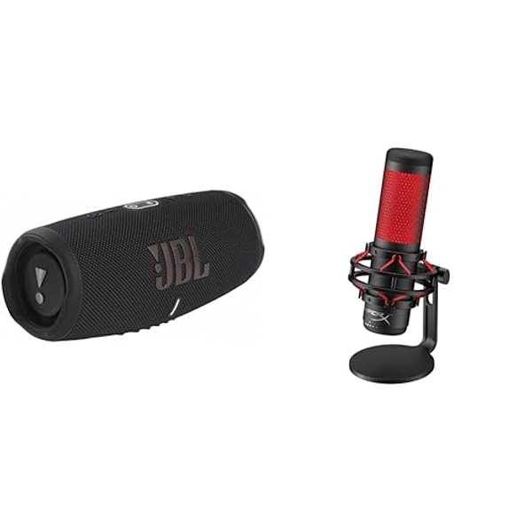 JBL Charge 5 Bluetooth-Lautsprecher in Schwarz – Wasserfeste, Portable Boombox & HyperX HX-MICQC-BK QuadCast - Standalone Mikrofon mit umfangreichen Funktionen für Streamer Gamer