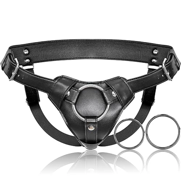Strap On Dildo Harness Adult Sex Toys for Women Men Pegging Dildo, Adjustable Waist and Thigh Soft Nylon Vegan Leather Belt with 2 Size Metal O-Rings for Lesbian Gay Couple Vaginal Anal Play (Black)