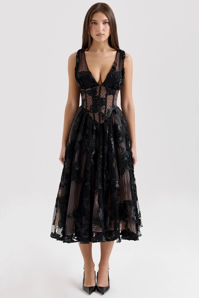 Sianna Black Embroidered Tulle Corset Midi Dress