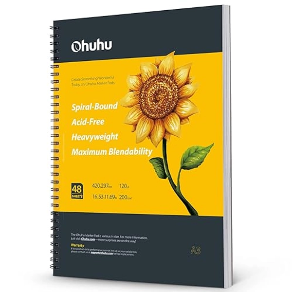 Ohuhu Marker Pads Art Sketchbook, 16.5"x11.7" XL A3 Large Paper Size, 120LB/200GSM Heavy Smooth Drawing Papers, 48 Sheets/96 Pages, Spiral Bound Sketch Book for Alcohol Markers Christmas Gift