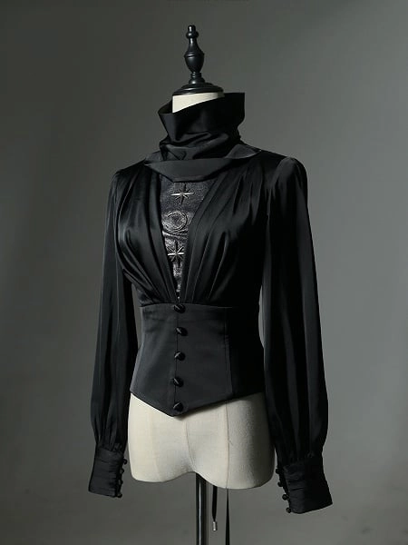 [$75.00]Gothic Ouji Lolita Black Satin High Neck Top