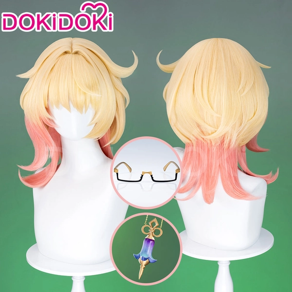 DokiDoki Game Genshin Impact Cosplay Emilie Wig Short Curly Yellow Pink Hair Fontaine / Perfume bottle Necklace / Glasses Prop