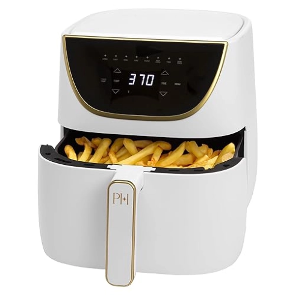 Paris Hilton Air Fryer, Large 6-Quart Capacity, Nonstick Made without PFAS, Touchscreen Display, 8-in-1 (Air Fry, Roast, Broil, Bake, Reheat, Keep Warm, Pizza, Dehydrate), Dishwasher Safe, White