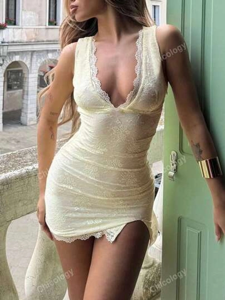 Lace Patchwork Side Slit Mini Dress