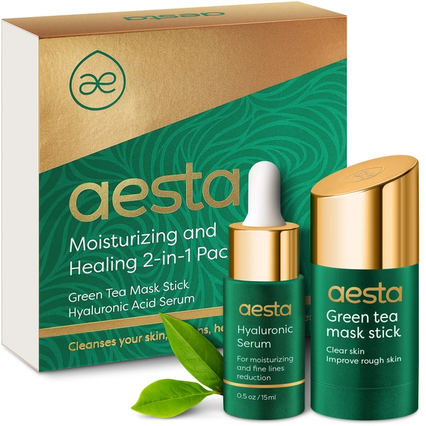 Aesta Green Tea Mask Stick + Hyaluronic Acid Serum for Face Treatment | Gradual Blackhead Remover | Pore-Cleaning, Detoxifying Face Mask, Skin Care Face Serum w/ Anti Aging and Anti Wrinkle Effects