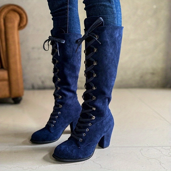 Women's Blue Knee-High Lace-Up Boots with Block Heels for Fashion and Casual Wear 2025 - GBP £42.24
