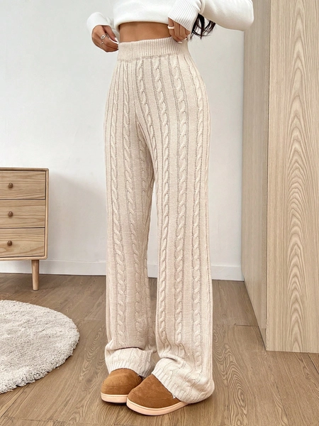 SHEIN EZwear Casual Solid Color Jacquard Knit Sweater Pants Set, Autumn Winter