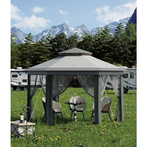 Sturdy Gray 13' x 13' Gazebo, Hexagonal Canopy Shelter with Mesh Screen, Steel Frame for Patio, Backyard, Weddings, Gray