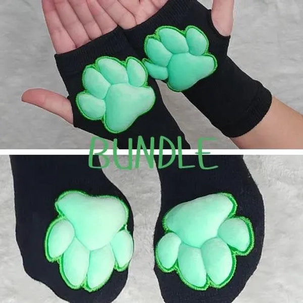 BUNDLE - Black/Green Gloves and Socks with Puffy Cat Paw Pads
