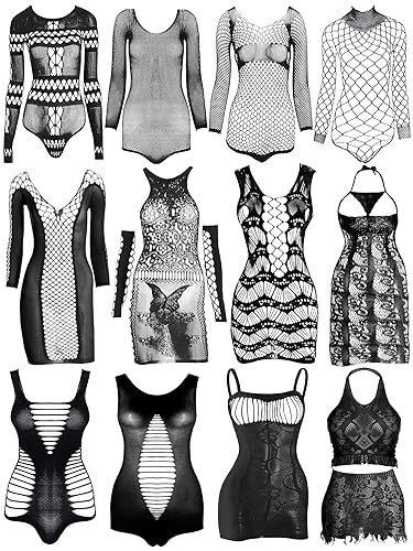 Geyoga 12 Pieces Women's Fishnet Lingerie Mesh Babydoll Bodysuit Lace Smock Lingerie for Women (Black,Elegant Style)